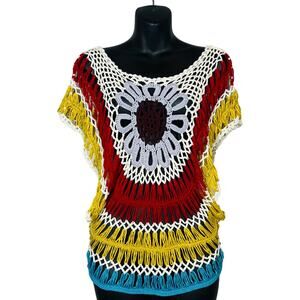 Crochet Knit Top Floral Retro Boho Hippie Shirt Cover Up Accent - S